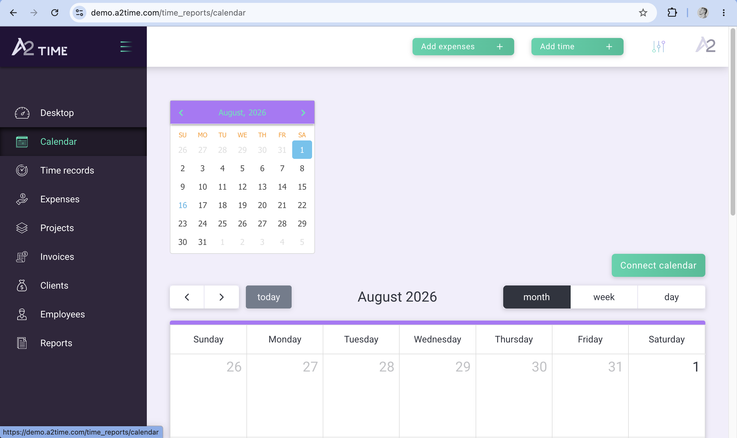 A2.Time calendar view with month, week, and day controls.