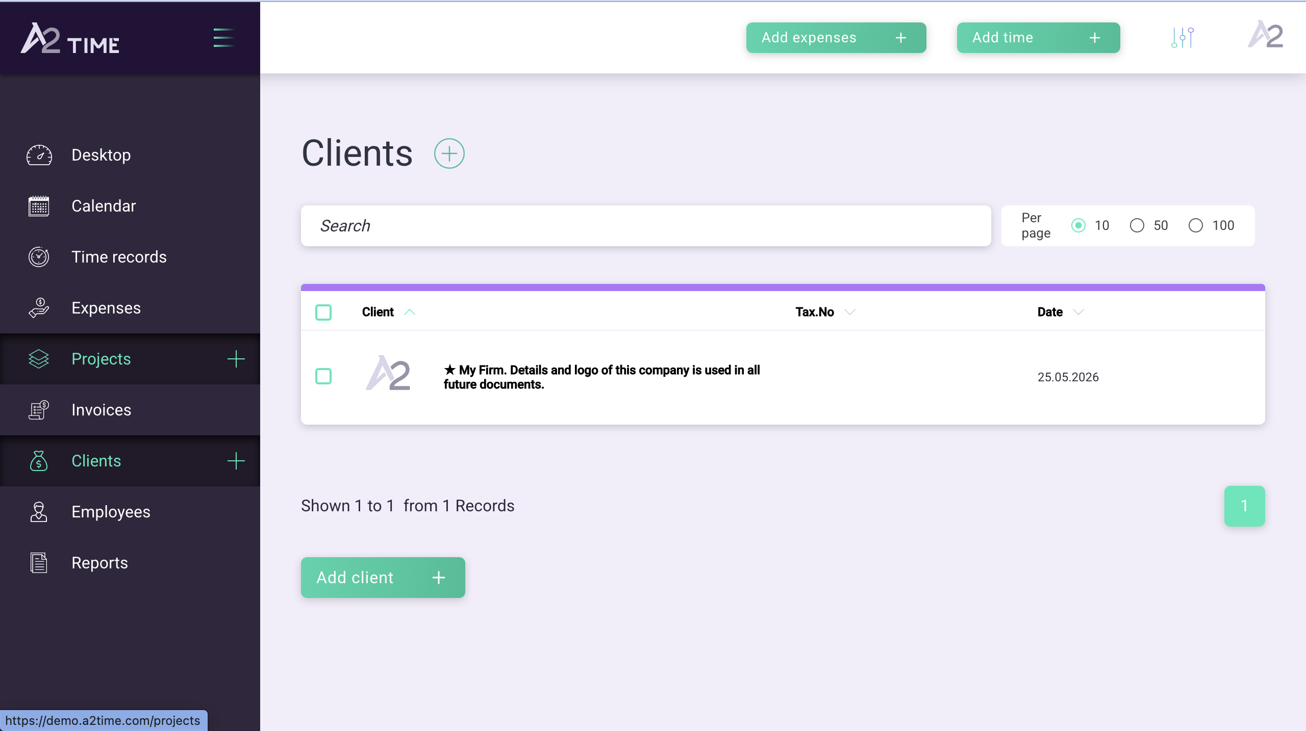 A2.Time clients screen with a client table and add client action.