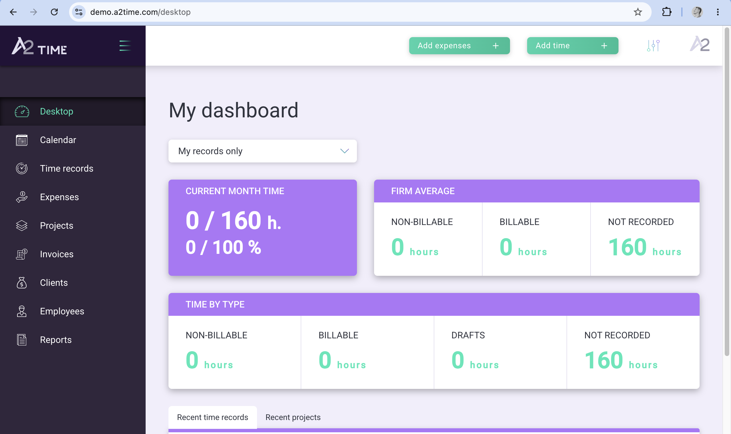 A2.Time dashboard showing monthly time, firm averages, and time by type.