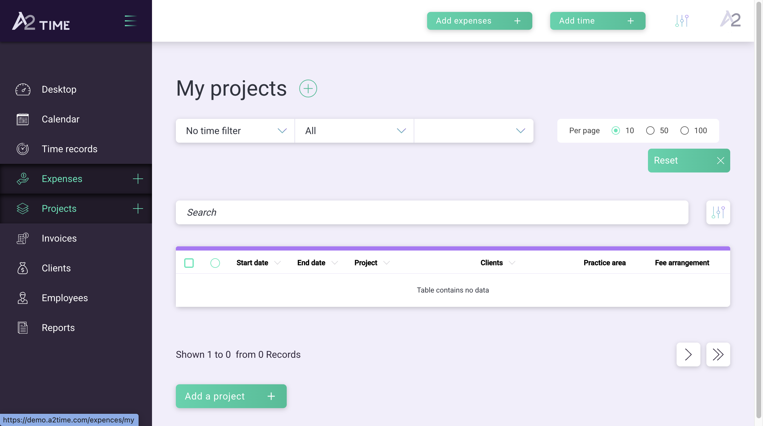 A2.Time projects screen with filters, search, and project table.