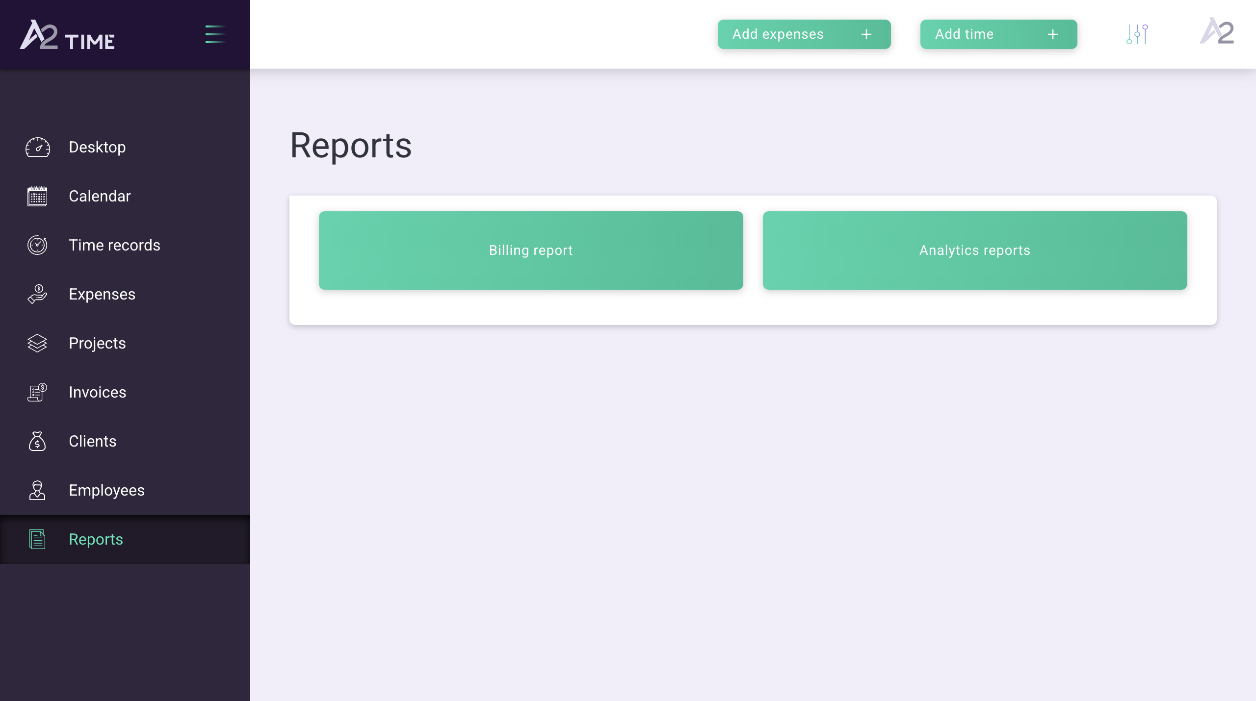 A2.Time reports screen with billing report and analytics report options.