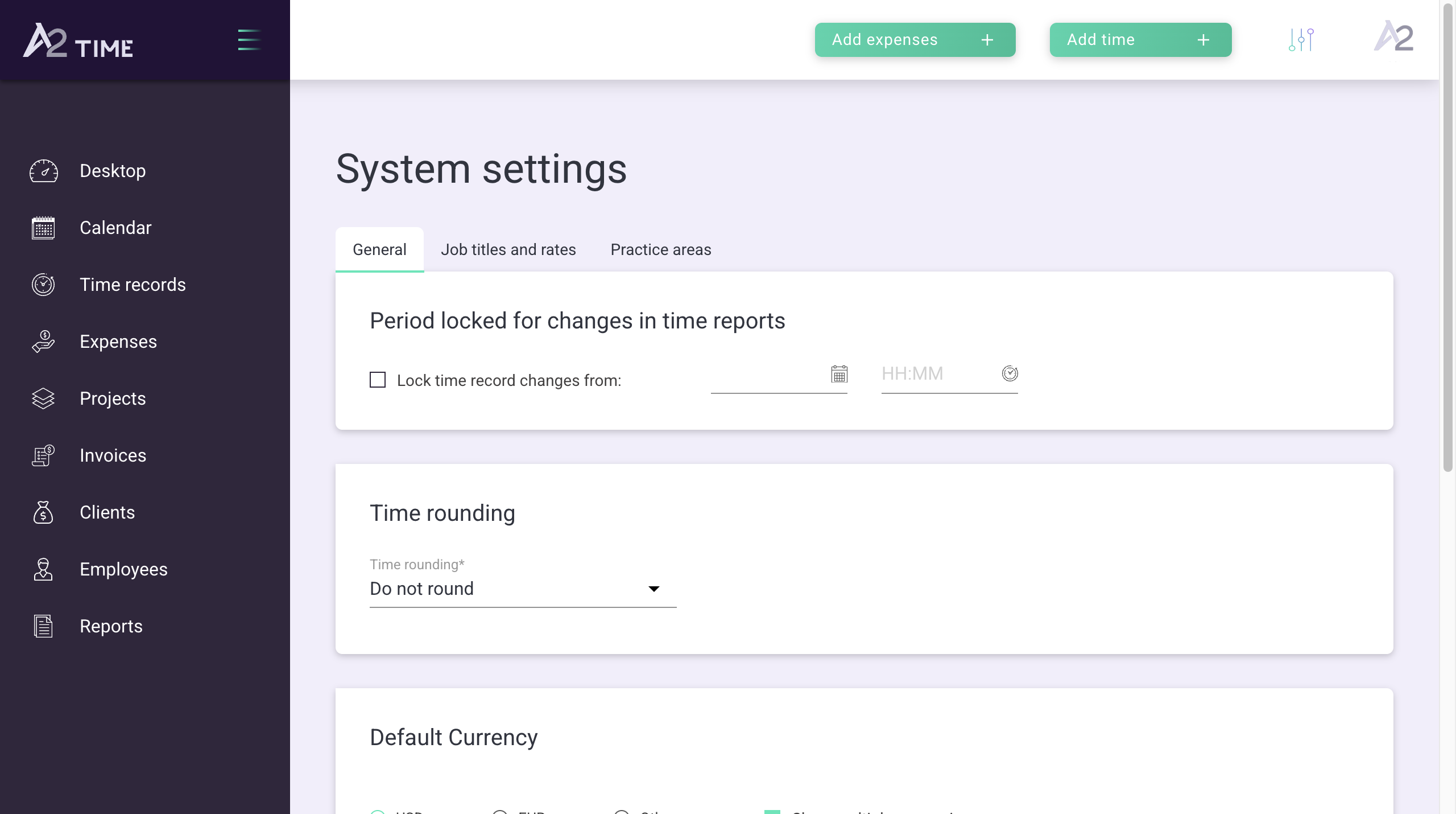 A2.Time system settings screen with general settings, time rounding, and default currency.